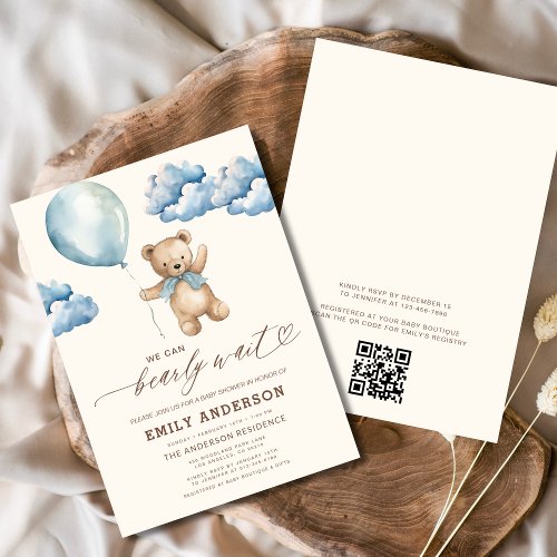 We Can Bearly Wait Blue baby shower invitation
