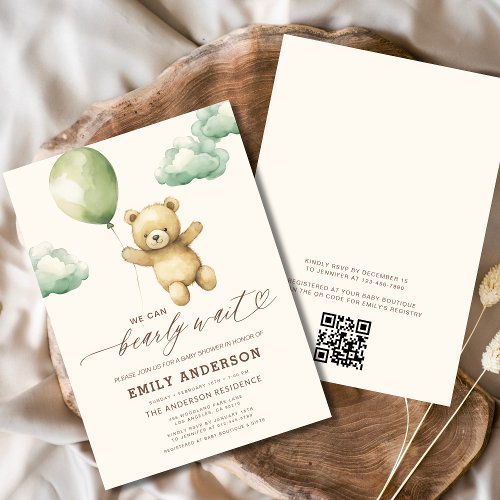 We Can Bearly Wait Green baby shower invitation