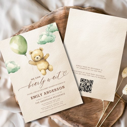 We Can Bearly Wait Green baby shower invitation