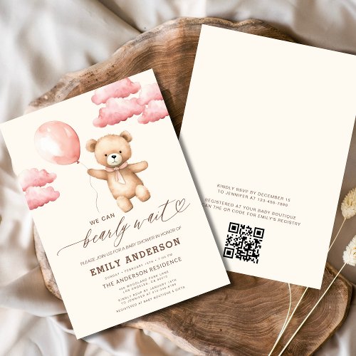 We Can Bearly Wait Pink baby shower invitation