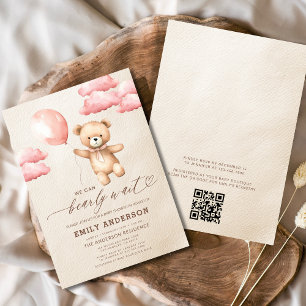 QR Code Bearly Wait Pink Girl Baby Shower Invitation