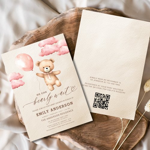 We Can Bearly Wait Pink baby shower invitation
