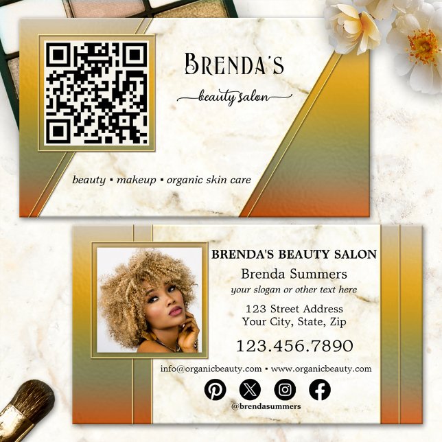 QR Code Beauty Salon Social Media Photo Business Card (Modern artistic business card featuring marble on a colorful background - QR code - photo - social)