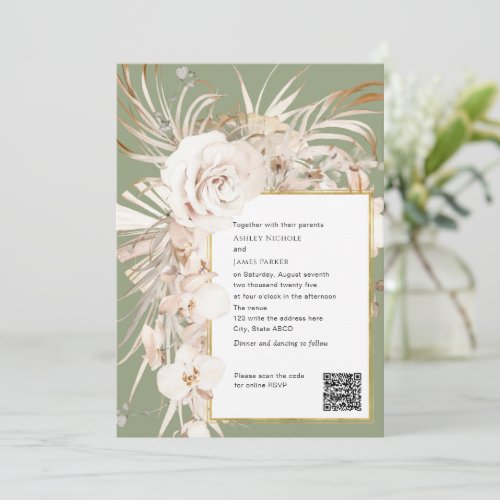 QR code beige elegant watercolor floral wedding I Invitation