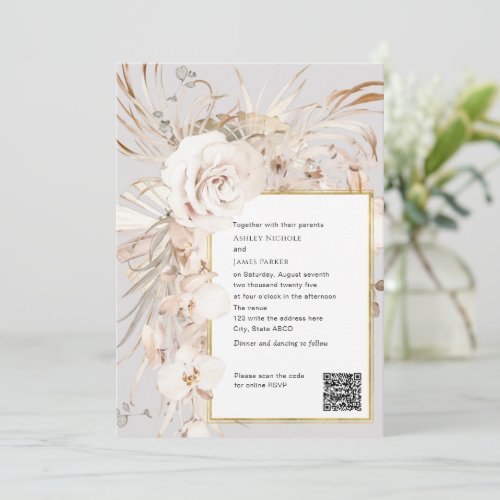 QR code beige elegant watercolor floral wedding I Invitation