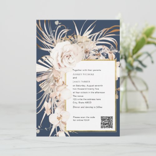 QR code beige elegant watercolor floral wedding I Invitation