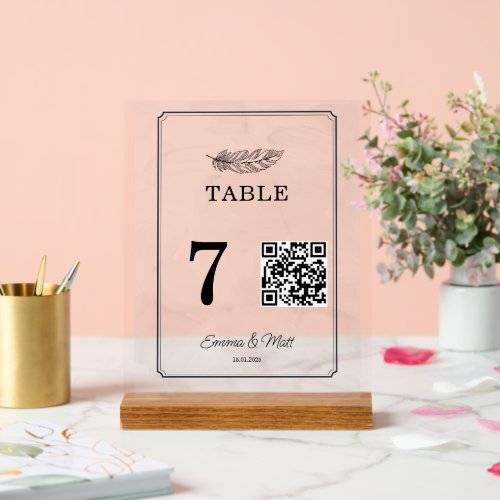 QR Code Beige Elegant Wedding Table Number Card Acrylic Sign