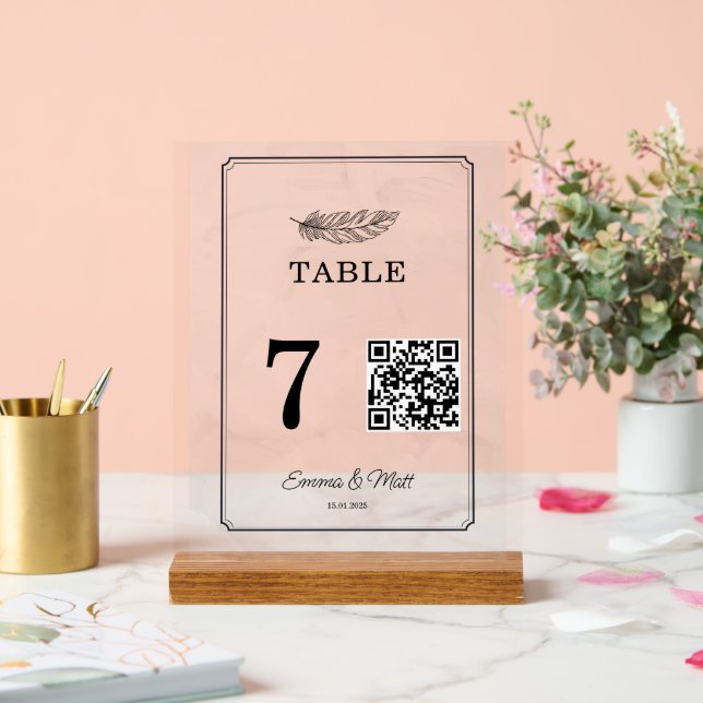 QR Code Beige Elegant Wedding Table Number Card Acrylic Sign (Wedding)