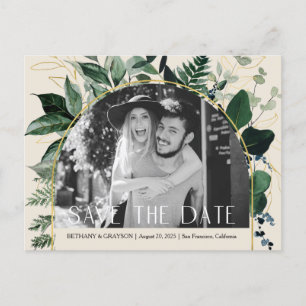 QR code, Beige Greenery wedding photo save date Announcement Postcard