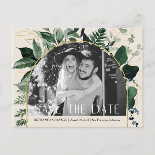 QR code Beige Greenery wedding photo save date Announcement Postcard