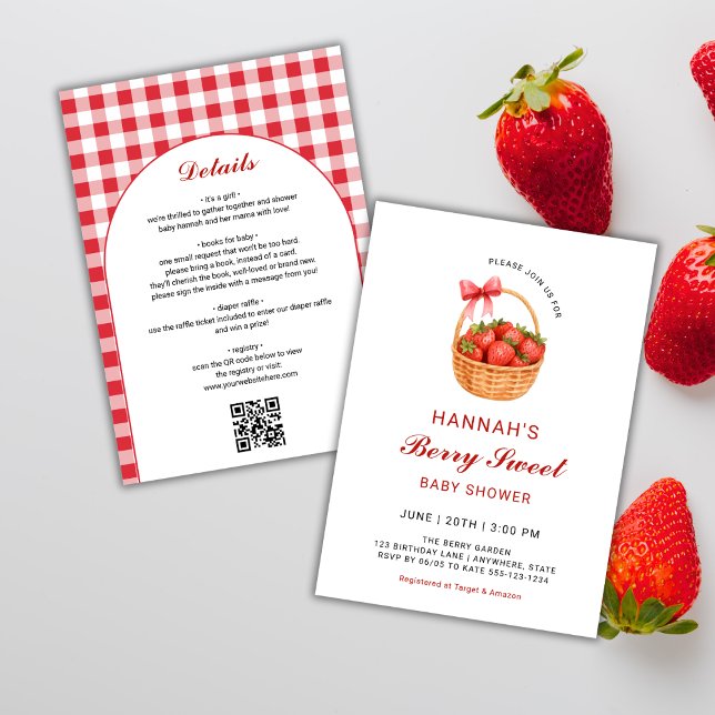 QR Code Berry Sweet Strawberry Girl Baby Shower Invitation (Creator Uploaded)