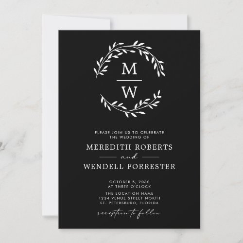 QR Code Black and White Monogram Wreath Wedding Invitation