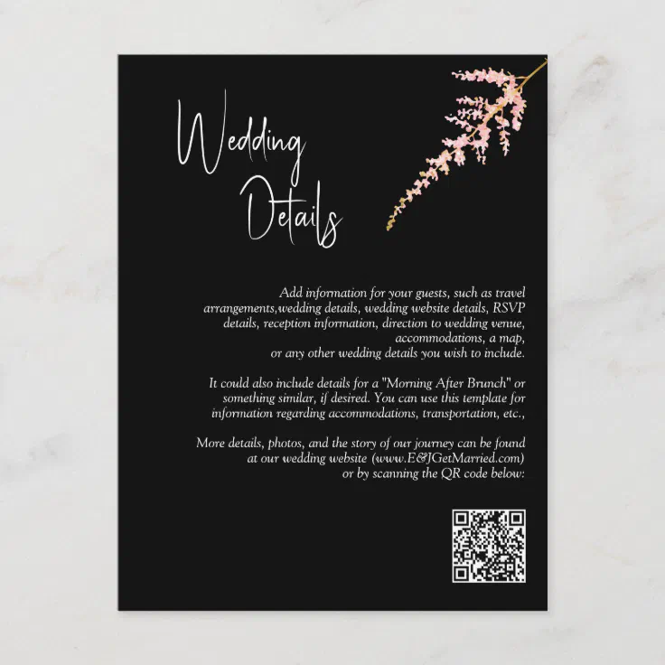 QR Code Black Blush Pink Floral Wedding Details Enclosure Card | Zazzle