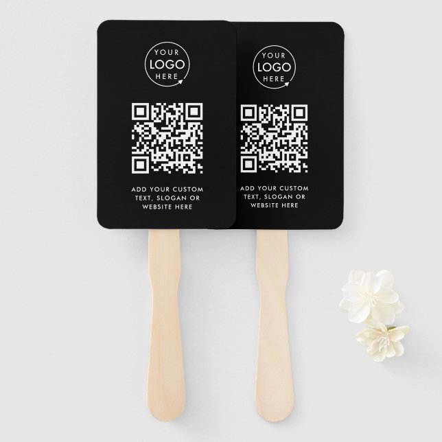 QR Code | Black Business Logo Professional Hand Fan (Front and Back)