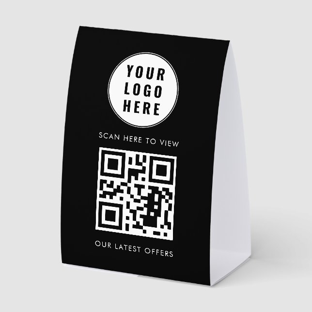 QR Code Black Business Logo Scan Here Modern Paper Table Tent (Front)