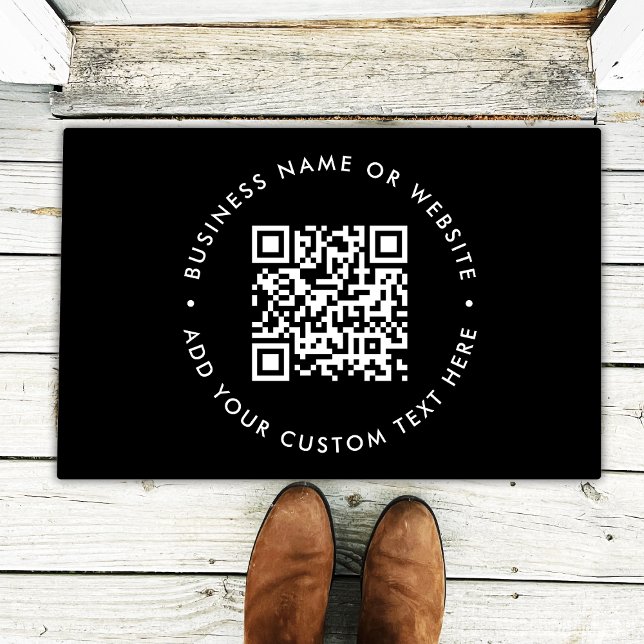 QR Code | Black Business Modern Minimal Welcome  Doormat (Interactive editable QR code entrance doormats to promote your business, products or services.)