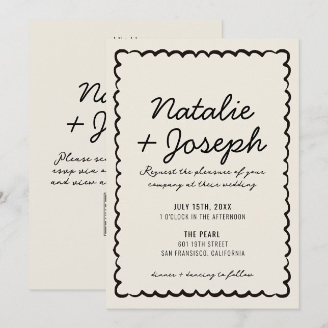 QR Code Black Cream Modern Whimsical Wedding Invitation (Front/Back)