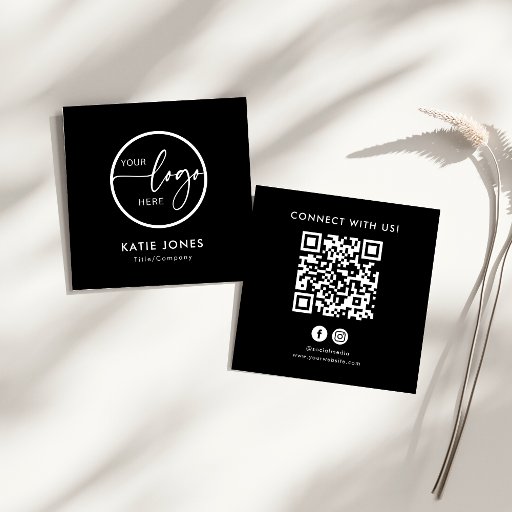Customizable QR Code Black Custom Logo Connect with Us Square Business Card