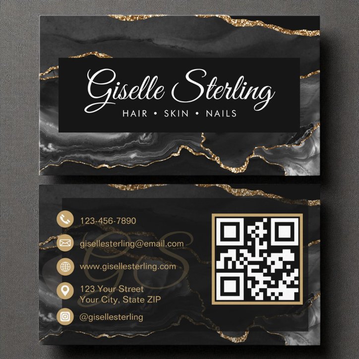 QR Code Black Gold Agate Elegant Luxury Business Card