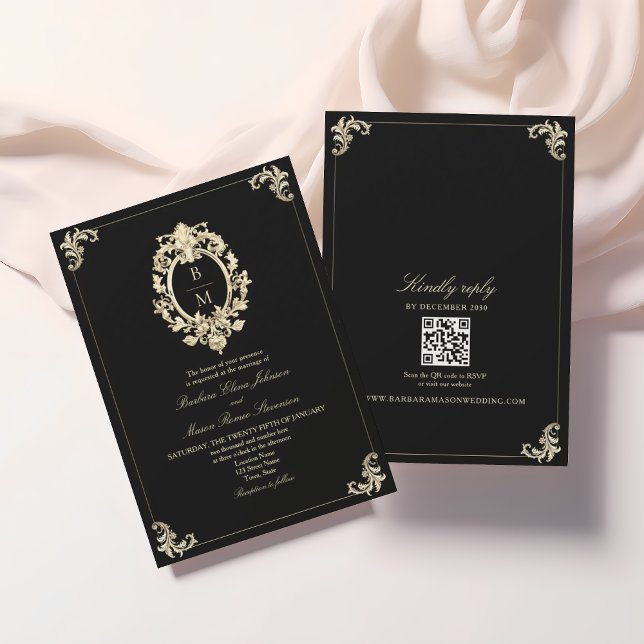 QR Code Black Gold Baroque Monogram Wedding Invitation (Creator Uploaded)