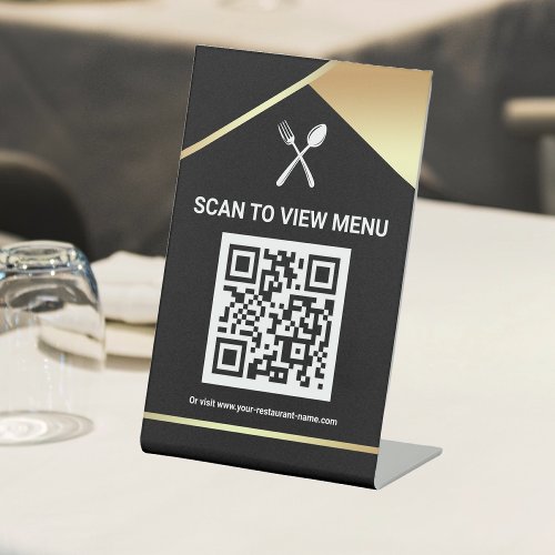 QR Code Black Gold Digital Menu for Restaurants Pedestal Sign