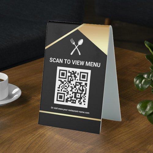 QR Code Black Gold Digital Menu for Restaurants Table Tent Sign