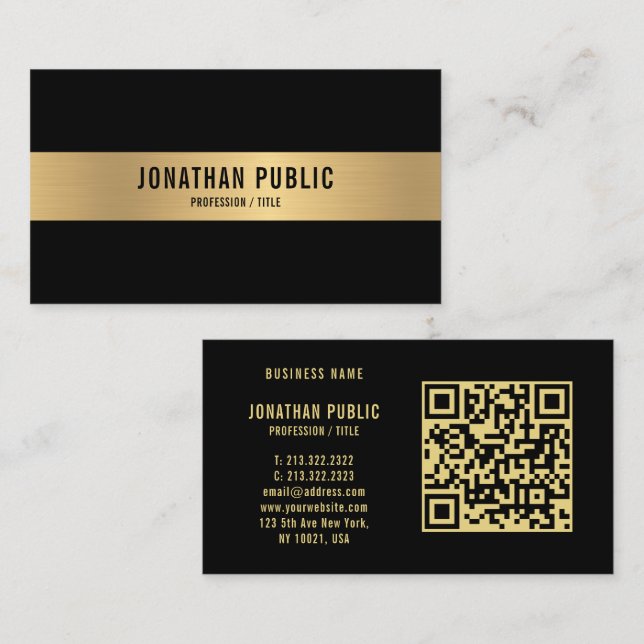 QR Code Black & Gold Elegant Professional Glossy Business Card (Front/Back)