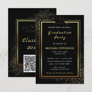 QR Code Black Gold Glitter Graduation Invitations