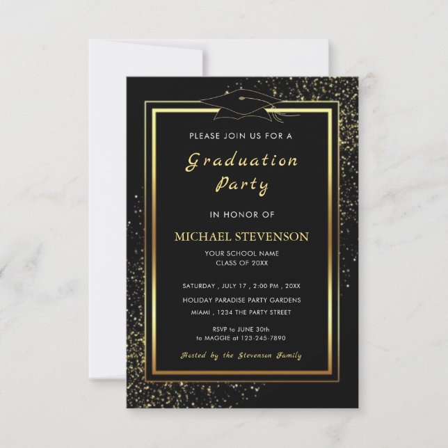 QR Code Black Gold Graduation Invitation Template (Front)