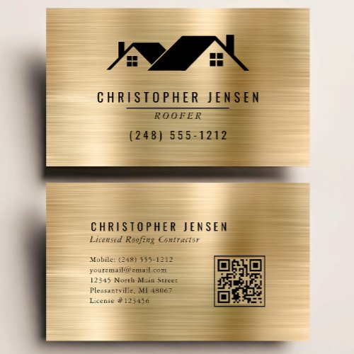 QR Code Black Gold Metallic Roofing Business Card