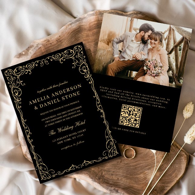 QR Code Black Gold Photo Minimalist Wedding Invitation (Creator Uploaded)