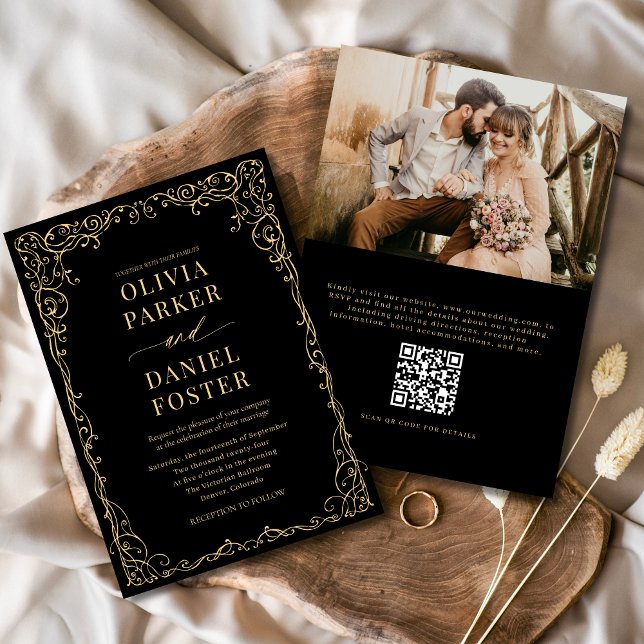 QR Code Black Gold Photo Minimalist Wedding Invitation (Creator Uploaded)