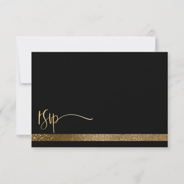 QR Code Black & Gold Typography RSVP Wedding Card (Front)