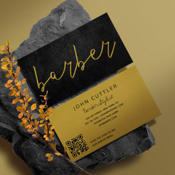 Qr Code Black Leather Barber Gold Typography Business Card by uniqueoffice at Zazzle