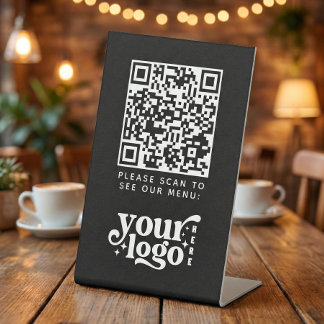 QR Code Black Menu Logo Contactless Modern Cafe Pedestal Sign