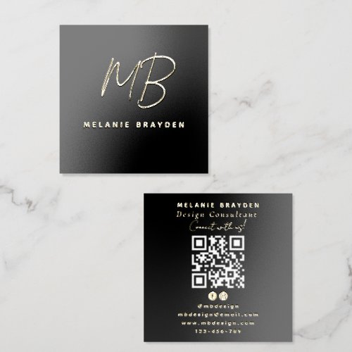 QR Code Black Minimalist Monogram Custom Logo Foil Business Cards