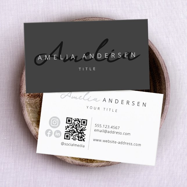 QR Code Black Modern Professional Social Media Business Card (Creator Uploaded)