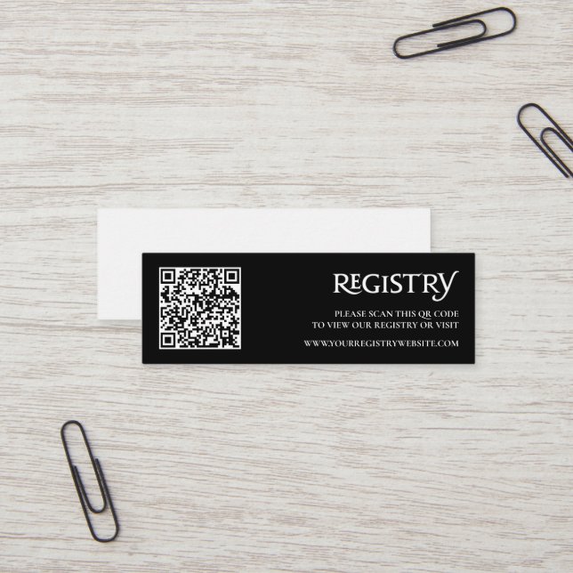 QR Code Black Modern Royal Chic Registry Enclosure Mini Business Card (Front/Back In Situ)