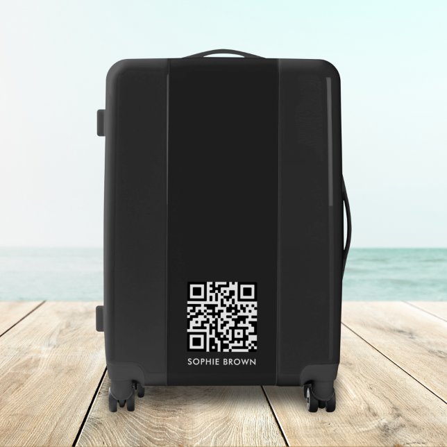 QR Code Black Modern Stylish Virtual Contact Lost Luggage (Versatile editable luggage template with interactive QR code & text for business or personal use.)