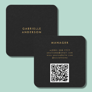QR Code Black Paper Texture & Gold Typography Square Business Card