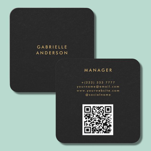 QR Code Black Paper Texture  Gold Typography Square Business Card