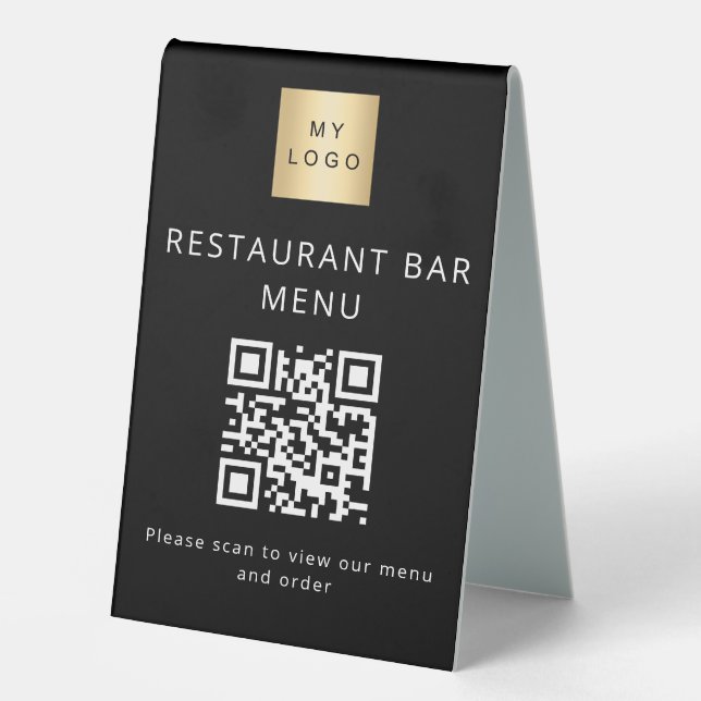 QR code black restaurant cafe bar scan menu Table Tent (Front)