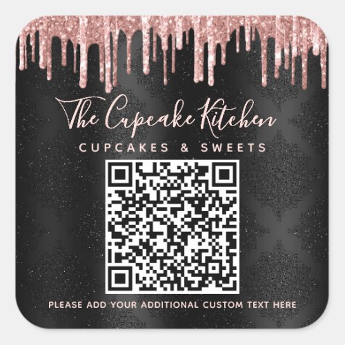 QR Code Black Rose Gold Glitter Drip Business Name Square Sticker