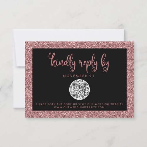 QR Code Black Rose Gold Glitter Wedding RSVP