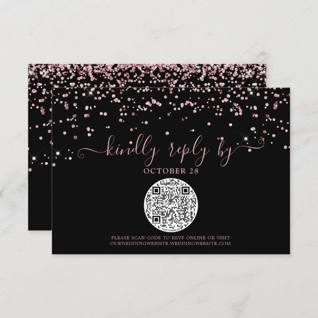 QR Code Black Rose Gold Pink Glitter Wedding RSVP (Front/Back)