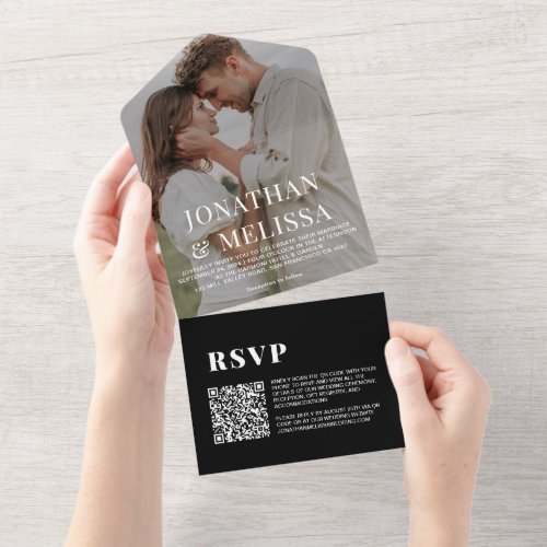 QR Code   Black Simple Overlay Photo Wedding All In One Invitation