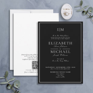QR Code Black White Classic Monogram Wedding Invitation