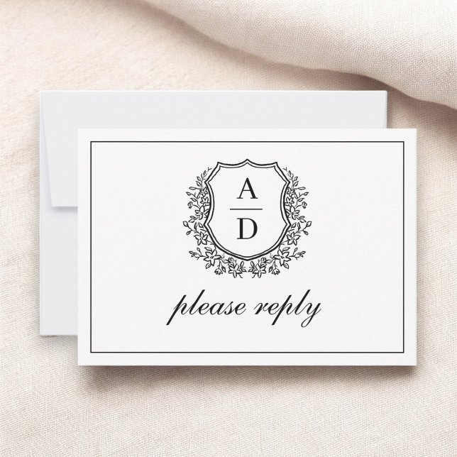 QR Code Black White Crest Monogram Wedding RSVP Card (Creator Uploaded)