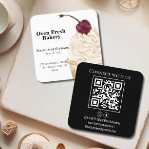 QR Code Black White Cupcake Bakery Square Business Card