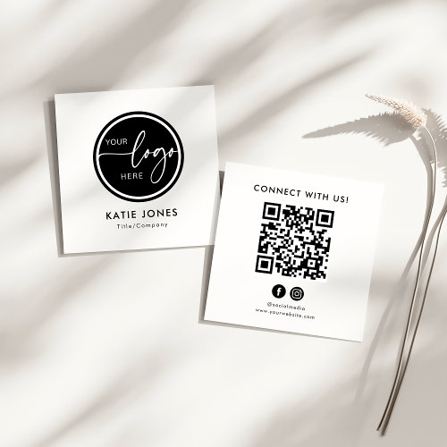 QR Code Black White Custom Logo Connect with Us Square Business Card